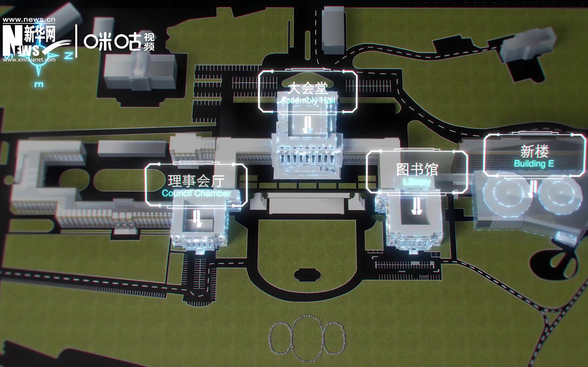 萬(wàn)國(guó)宮整個(gè)建筑群呈“品”字形，擁有34間會(huì)議廳